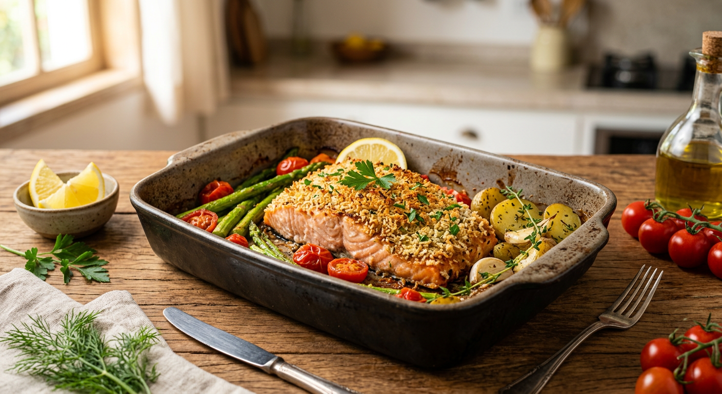 Receita de Salmão Panko com Parmesão Assado em Uma Assadeira