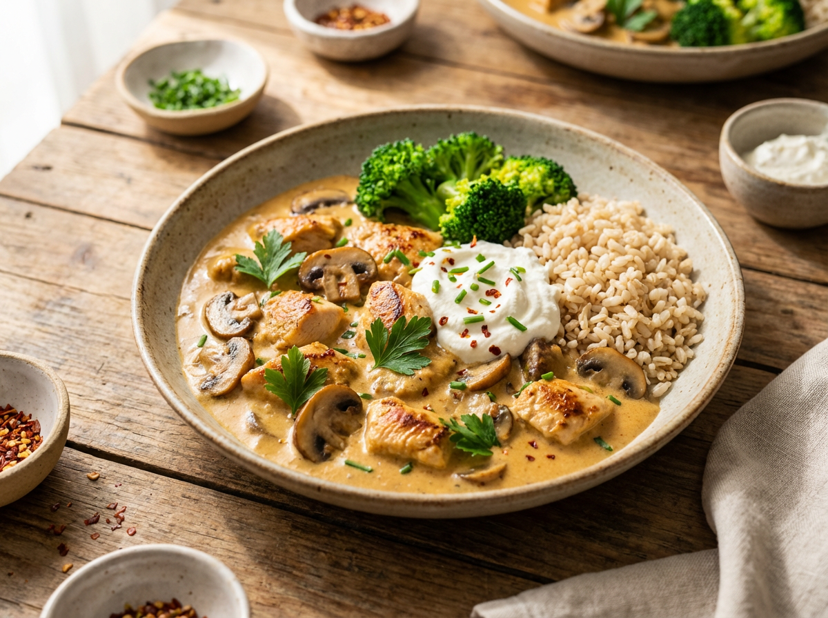 Receita de Estrogonofe Fit de Frango com Creme de Ricota e Cogumelos