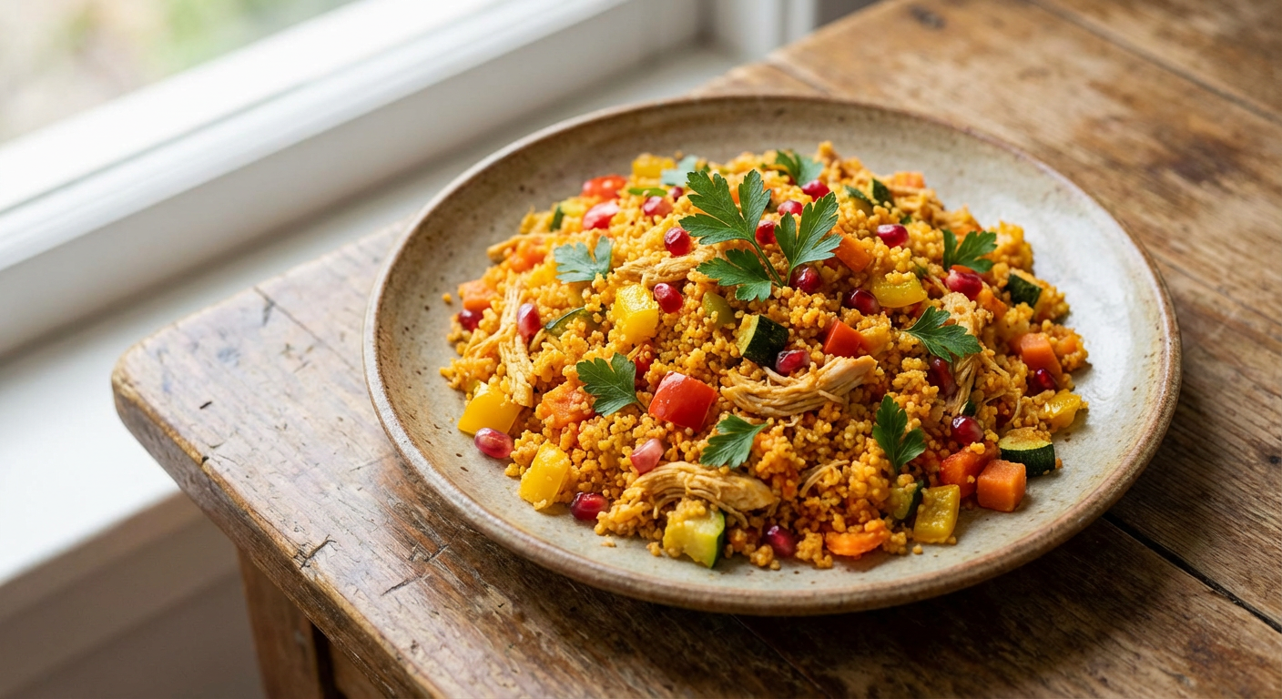 Receita de Cuscuz Marroquino Fit de Frango Desfiado com Legumes