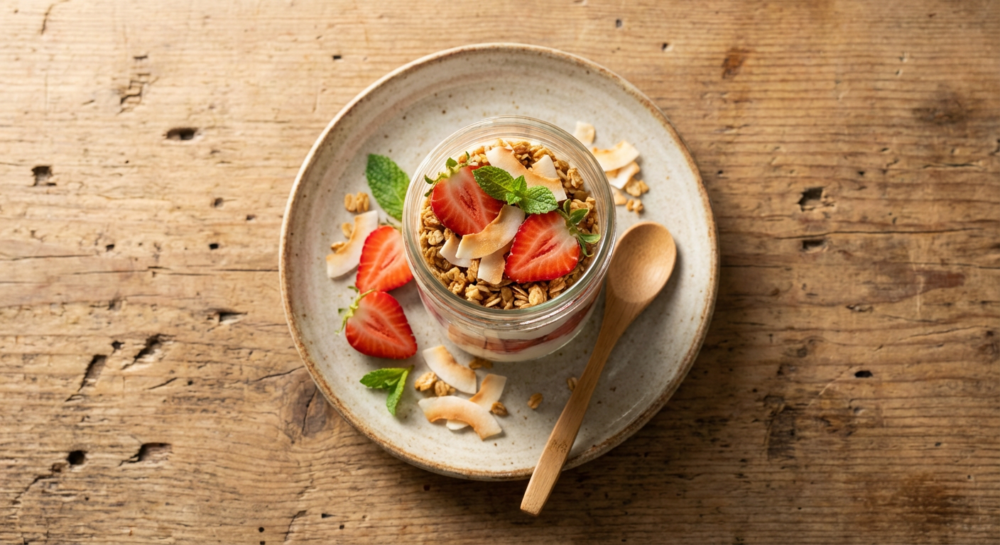 Receita de Parfait de Morango com Iogurte Grego e Granola Caseira Fit