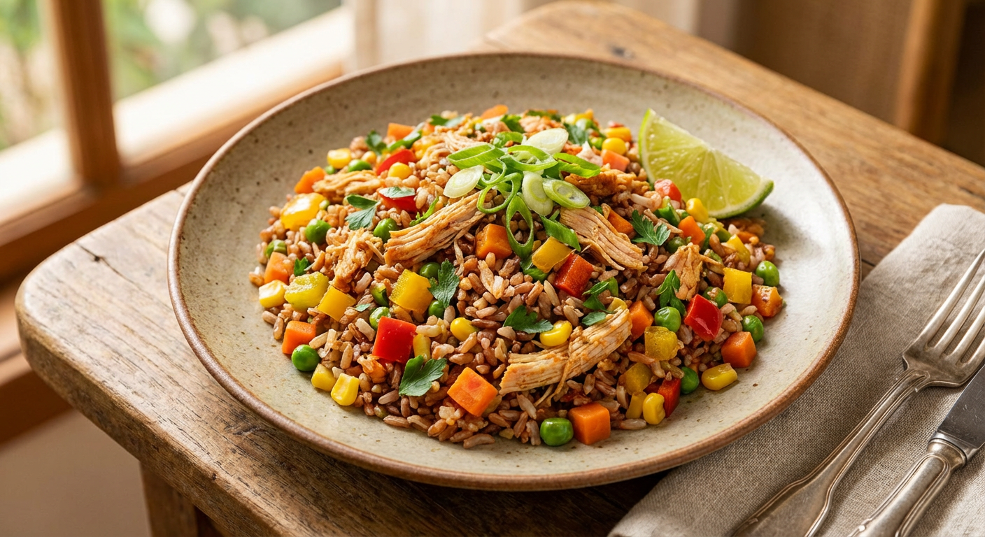 Receita de Arroz Carreteiro Light com Frango Desfiado e Legumes Orgânicos