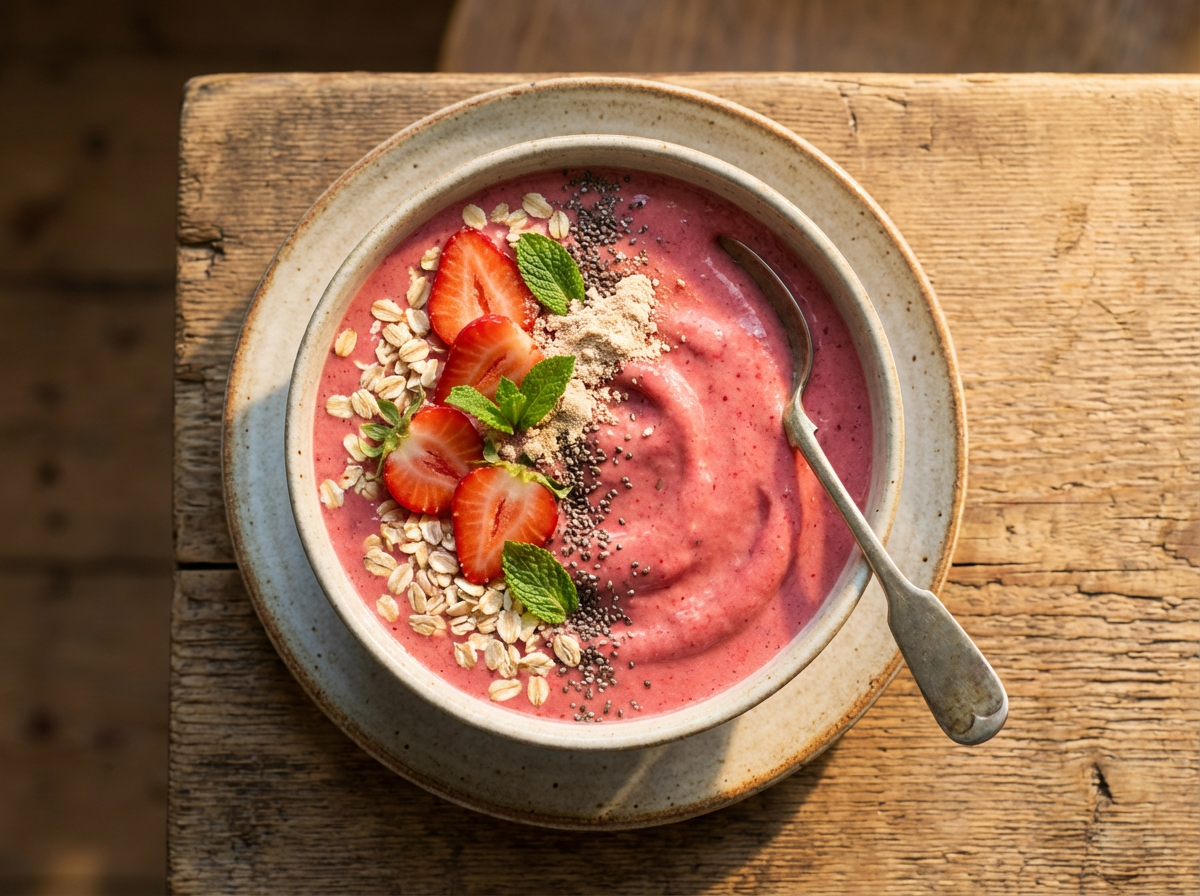 Receita de Smoothie Proteico de Morango com Whey e Aveia Instantânea