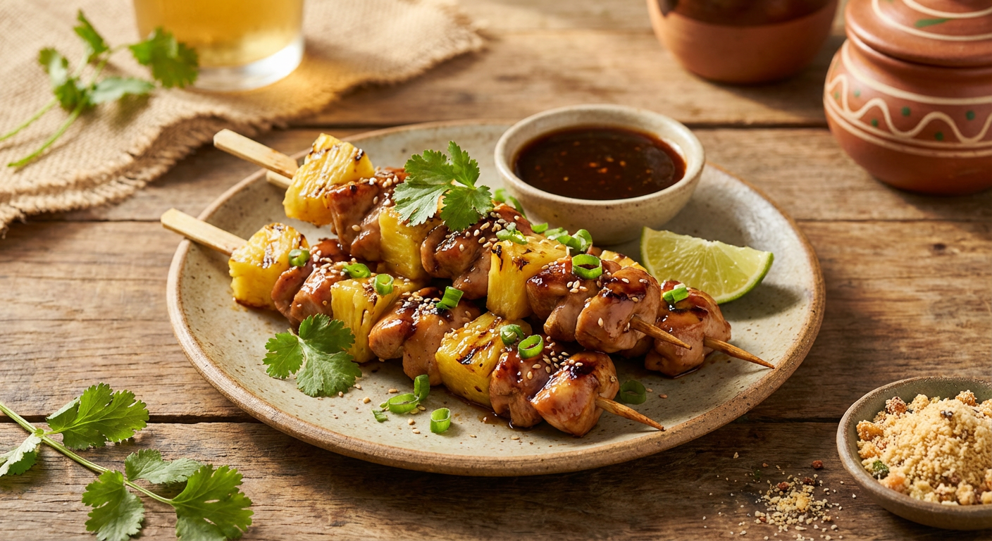 Receita de Espetinho de Frango Teriyaki com Abacaxi Grelhado