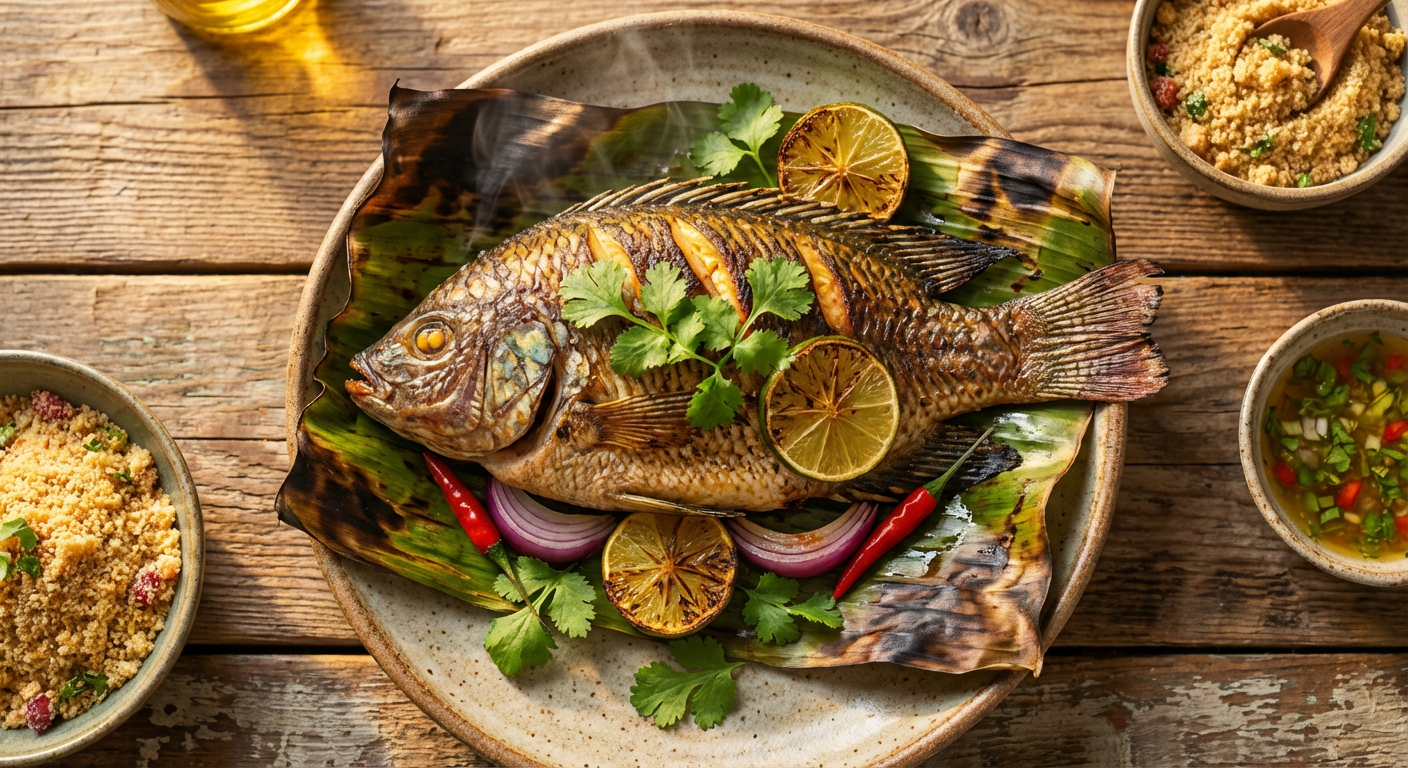 Receita de Tilápia Assada na Folha de Bananeira com Limão e Coentro