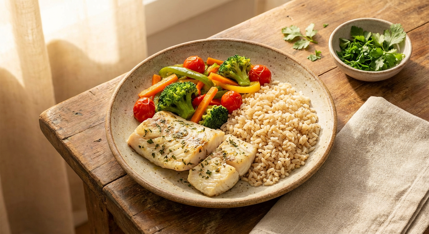 Receita de Marmita Saudável de Filé de Peixe Assado com Arroz Integral e Legumes Salteados