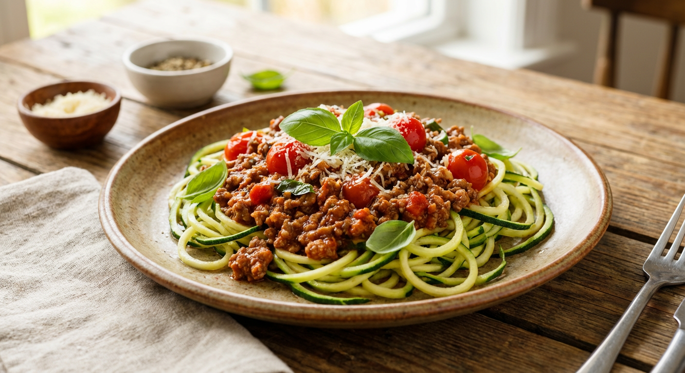 Receita de Macarrão de Abobrinha ao Molho Bolonhesa Fit de Carne Magra