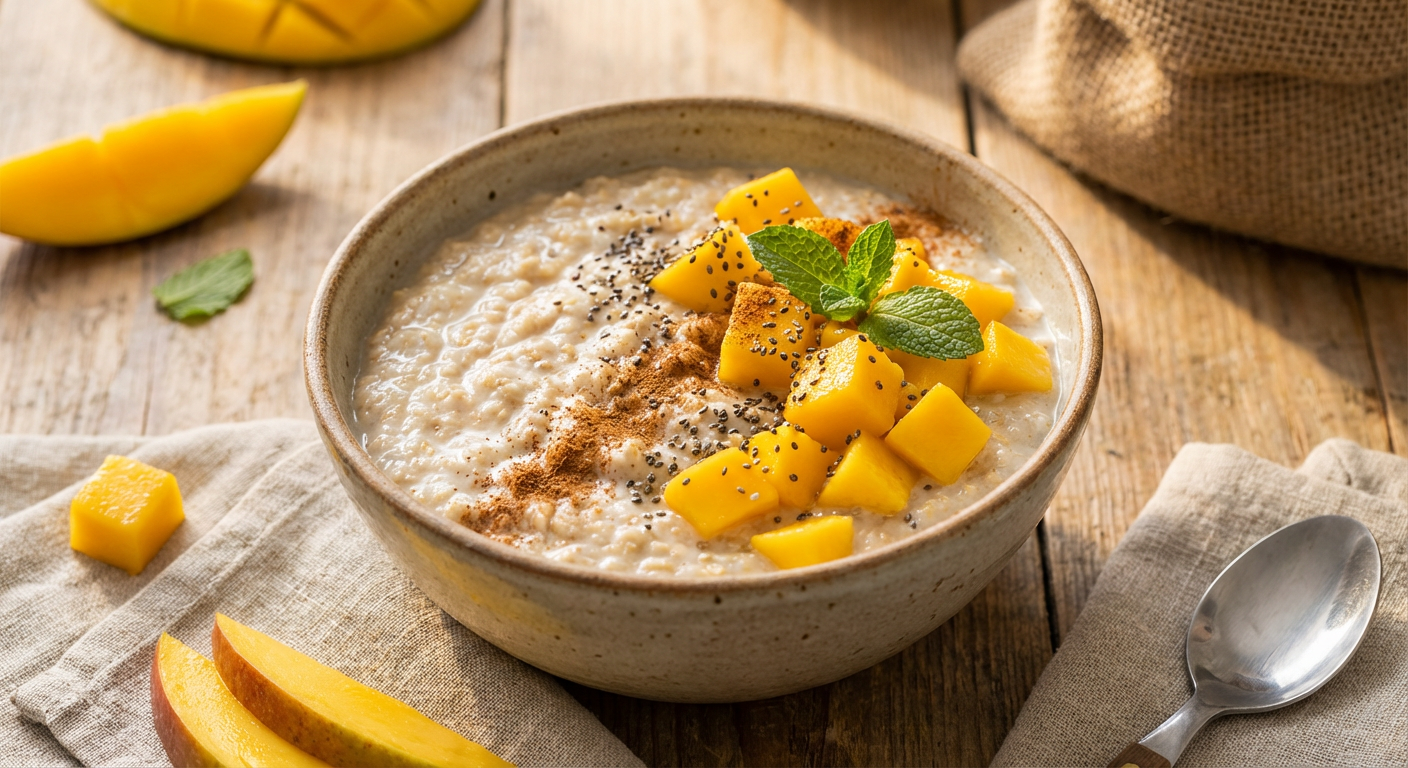 Receita de Mingau de Aveia Cremoso com Manga e Chia