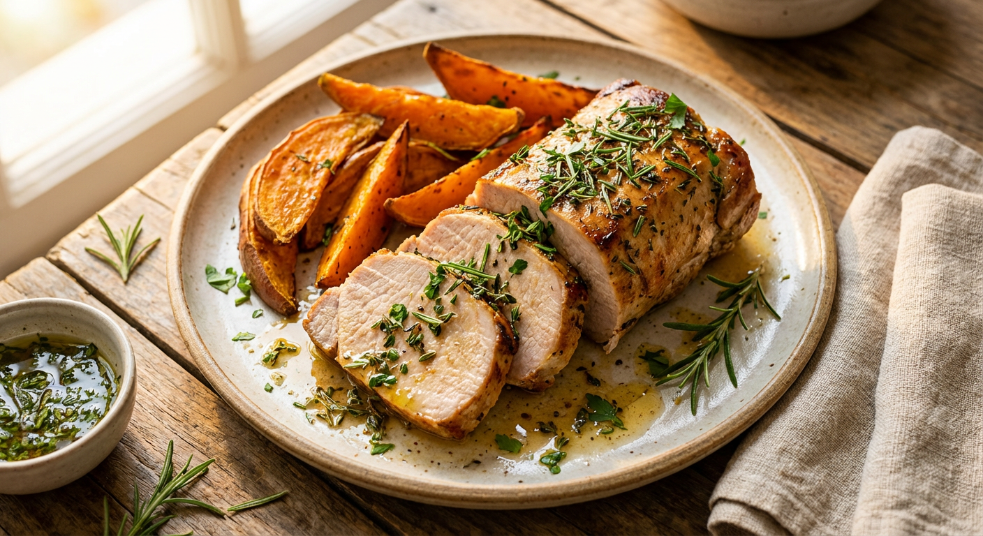 Receita de Lombo de Porco Assado com Ervas Frescas e Batata Doce