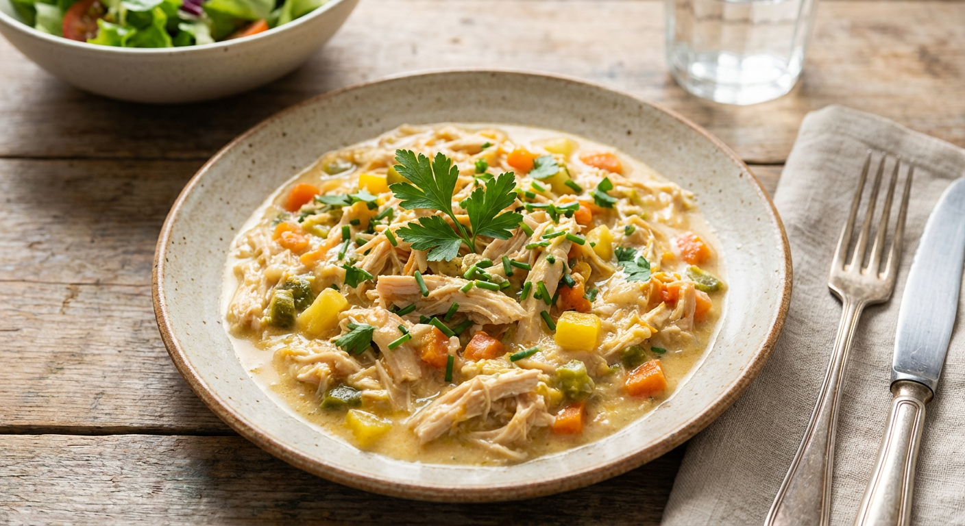 Receita de Frango Desfiado Cremoso com Legumes ao Molho Branco Light