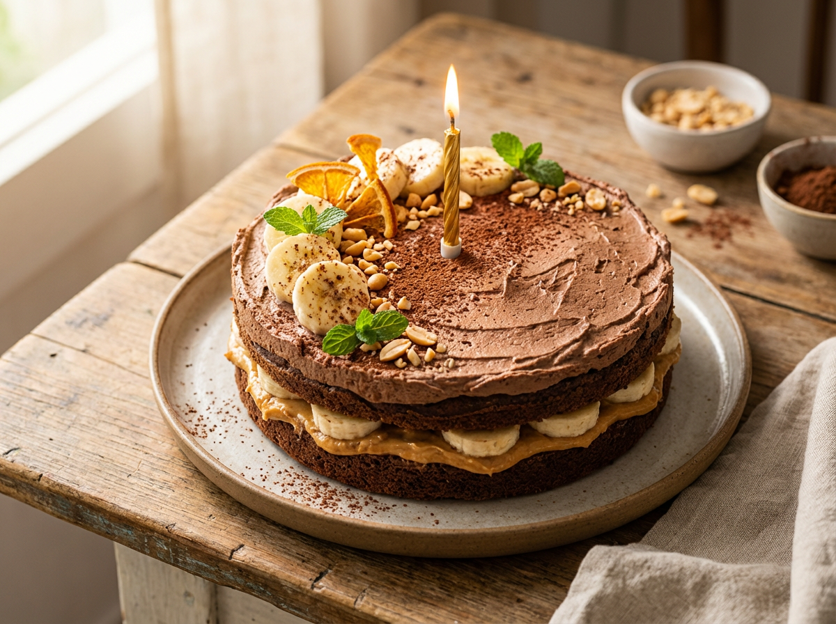 Receita de Bolo de Aniversário Fit de Chocolate com Recheio de Banana e Pasta de Amendoim