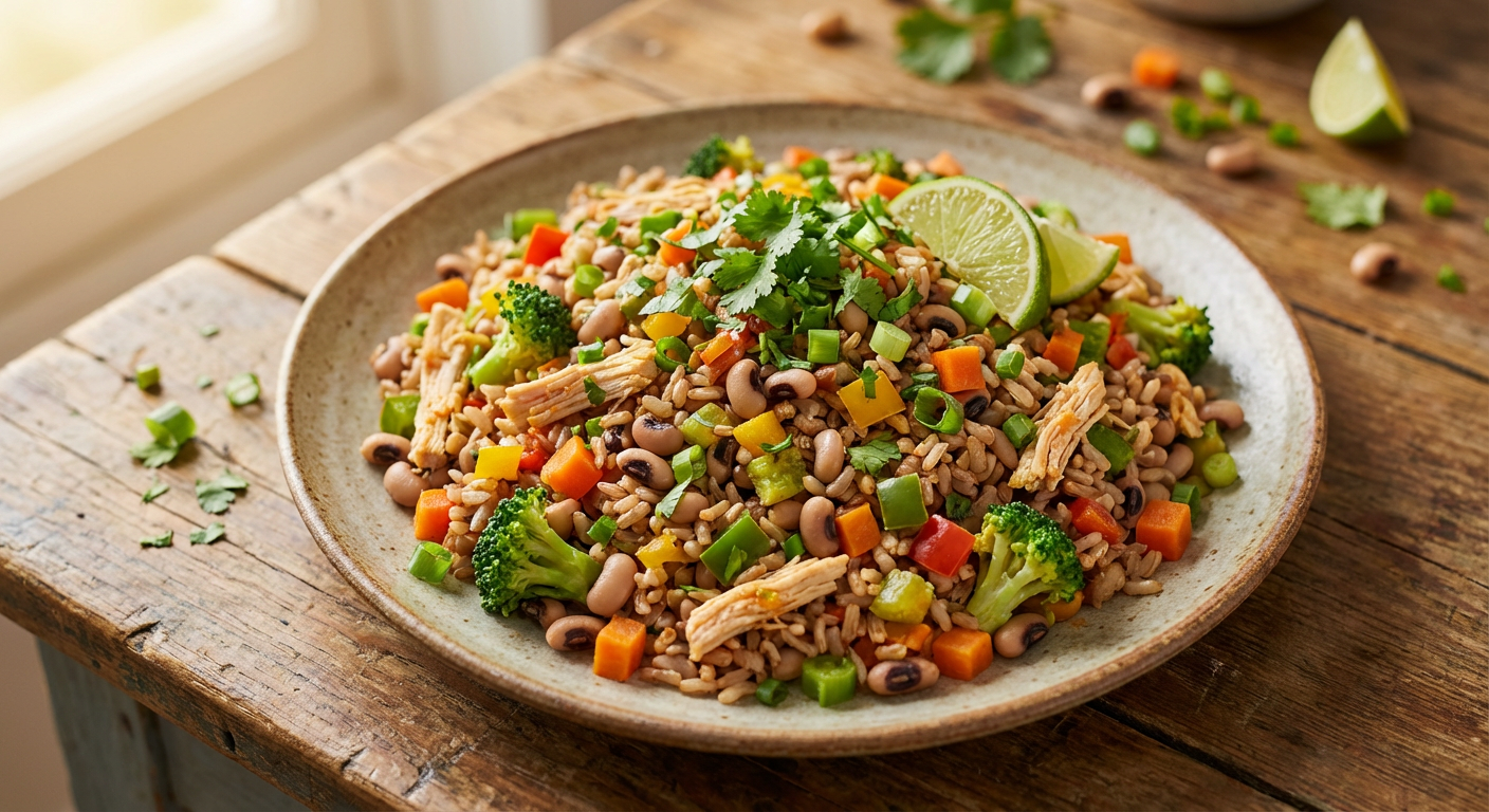 Receita de Baião de Dois Fit com Frango Desfiado e Legumes Frescos
