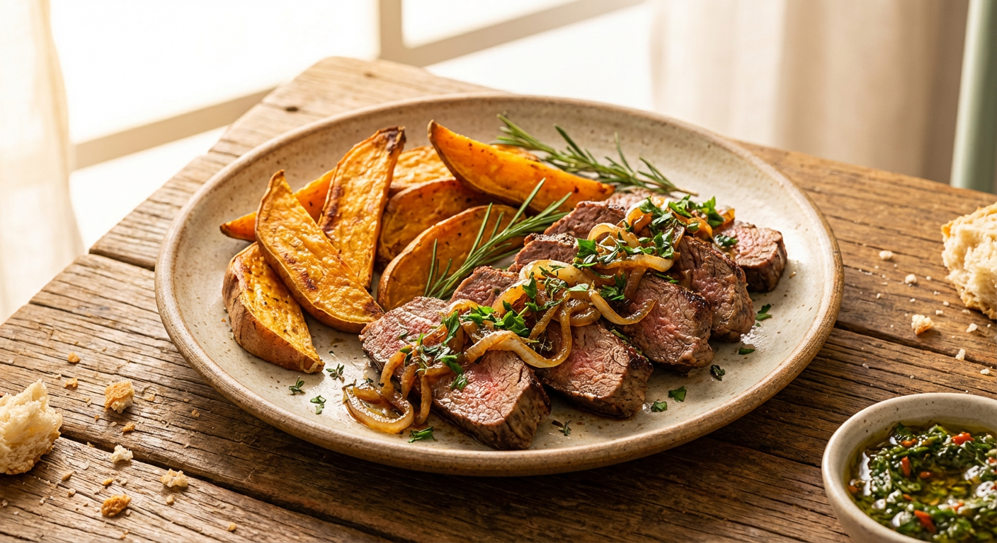 Receita de Bife de Patinho Acebolado com Ervas Frescas e Batata Doce Assada