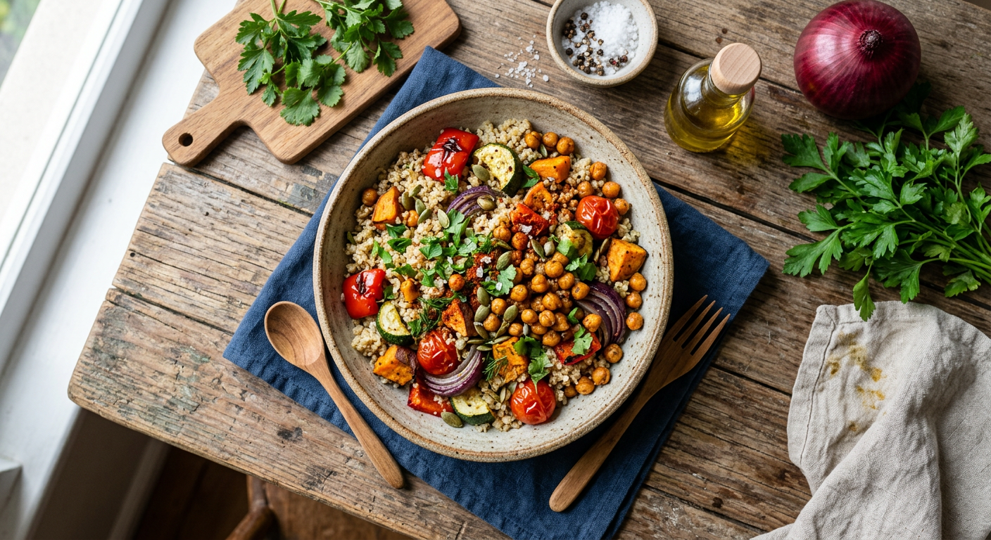 Receita de Marmita Fitness de Quinoa com Legumes Assados e Grão de Bico